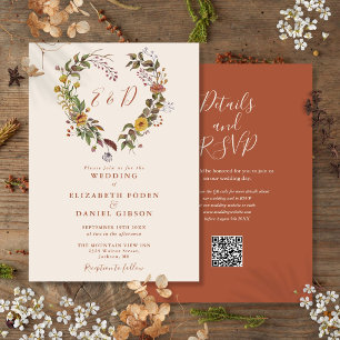Rustic Autumn Fall Floral QR Code Wedding Invitation