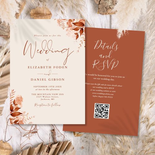 Rustic Autumn Fall Floral QR Code Wedding Invitation