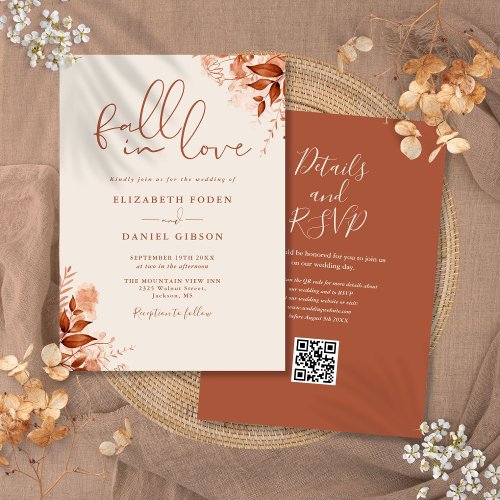 Rustic Autumn Fall Floral QR Code Wedding Invitation