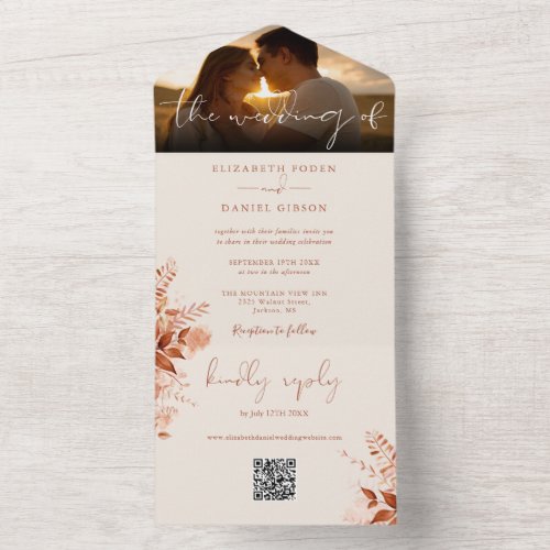 Rustic Autumn Fall Floral QR Code Wedding Photo All In One Invitation