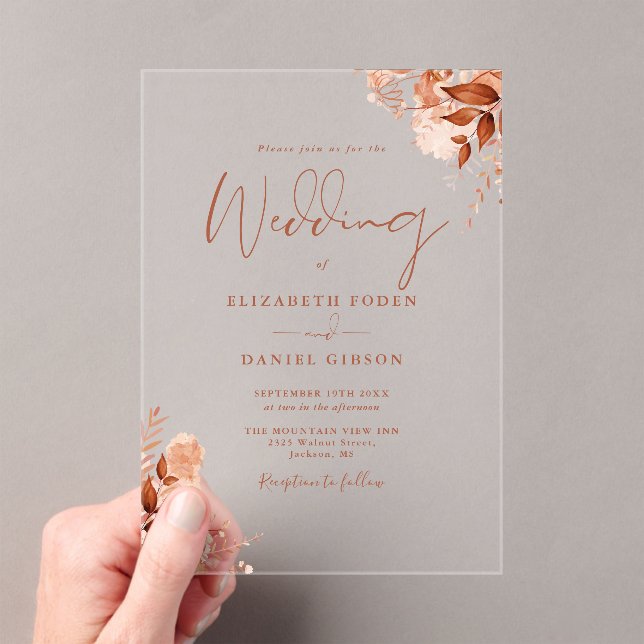 Rustic Autumn Fall Floral Script Wedding Acrylic Invitations (Insitu (Handheld))