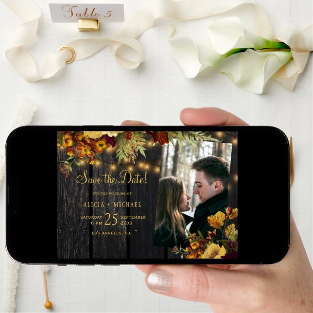 Rustic autumn fall floral wood photo wedding save the date (Front Digital)