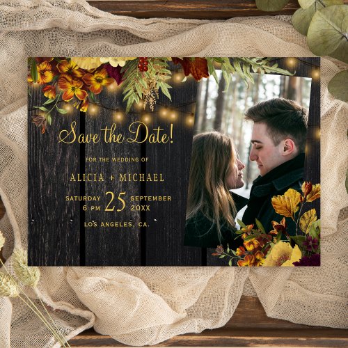 Rustic autumn fall floral wood photo wedding save the date