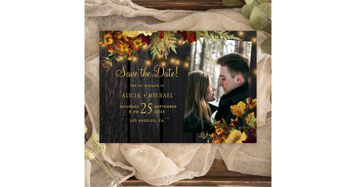 Rustic autumn fall floral wood photo wedding save the date | Zazzle