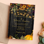 Rustic autumn fall floral wood pumpkin wedding invitation<br><div class="desc">Beautiful rusty orange and dark burgundy autumn fall flowers and pumpkin borders with strings of golden twinkle lights over a dark brown barn wood background making a charming elegant wedding invitation with a trendy handwriting gold typography script. Easy to personalize with your details! Suitable for traditional autumn fall rustic country...</div>