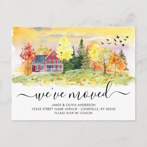 Rustic Autumn Fall Forest Woods Weve Moved Moving Announcement Postcard