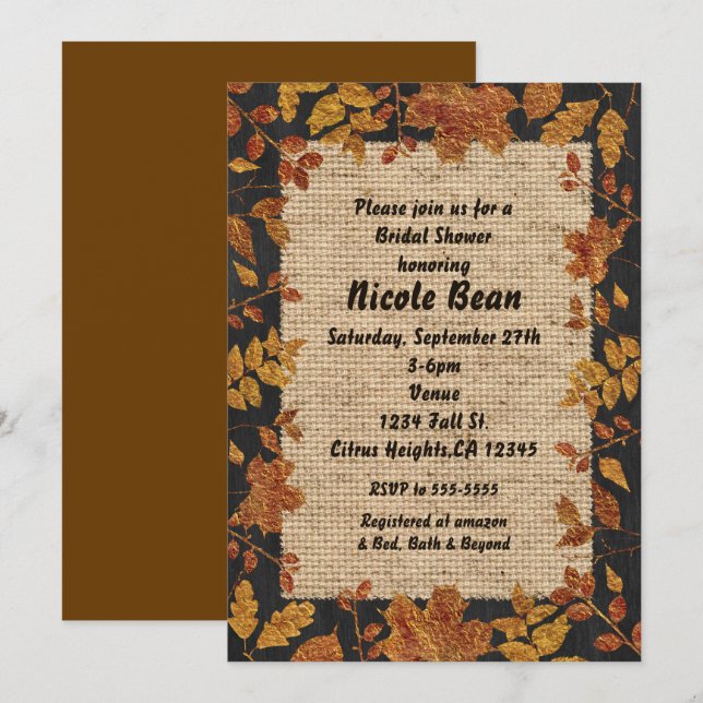 Rustic Autumn Fall Golden Tone Leaves & Burlap Invitation (Front/Back)