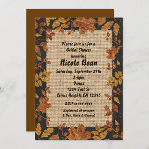 Rustic Autumn Fall Golden Tone Leaves & Burlap Invitation