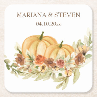 Rustic Autumn Fall in Love Pumpkin Wedding Square Paper Coaster