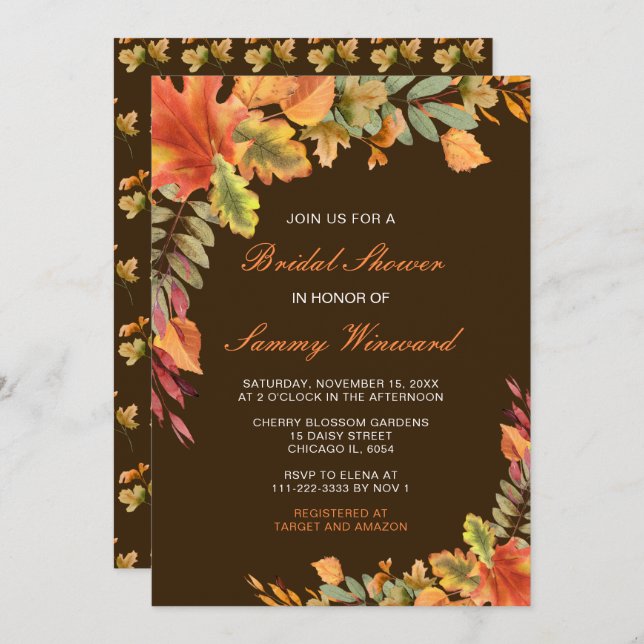 Rustic Autumn Fall Leaves Bridal Shower Invitation (Front/Back)