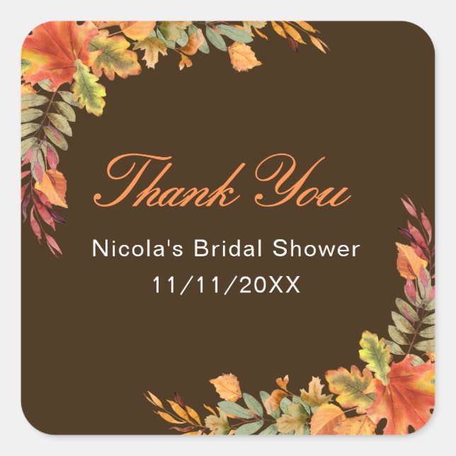 Rustic Autumn Fall Leaves Bridal Shower Square Sticker (Front)