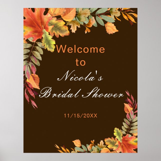 Rustic Autumn Fall Leaves Bridal Shower Welcome Poster (Front)