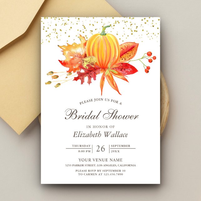Rustic Autumn Fall Leaves Pumpkin Bridal Shower Invitation (Creator Uploaded)