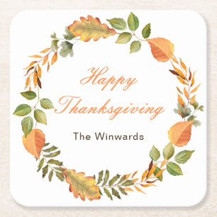 Rustic Autumn Fall Leaves Square Thanksgiving Paper Coaster