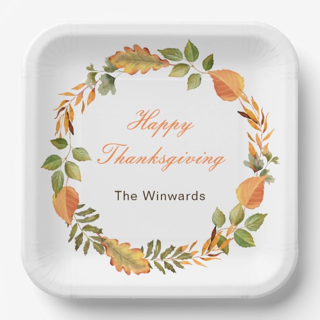 Rustic Autumn Fall Leaves Square Thanksgiving  Paper Plates (Front)