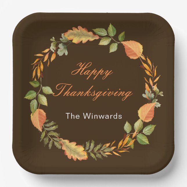 Rustic Autumn Fall Leaves Square Thanksgiving  Paper Plates (Front)
