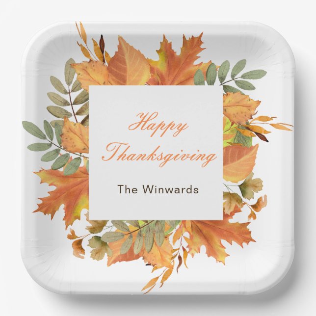 Rustic Autumn Fall Leaves Square Thanksgiving  Paper Plates (Front)