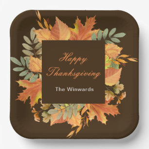 Rustic Autumn Fall Leaves Square Thanksgiving Paper Plates