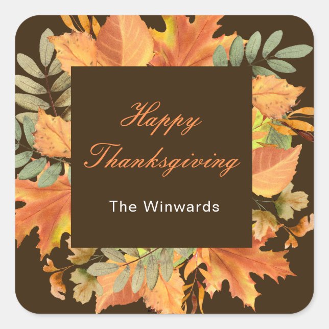 Rustic Autumn Fall Leaves Square Thanksgiving  Sticker (Front)