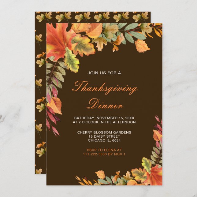 Rustic Autumn Fall Leaves Thanksgiving Party Invitation (Front/Back)