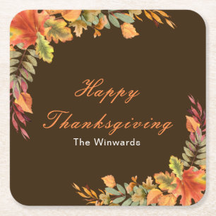 Rustic Autumn Fall Leaves Thanksgiving Party Square Paper Coaster