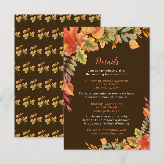 Rustic Autumn Fall Leaves Wedding Details Enclosure Card (Front/Back)
