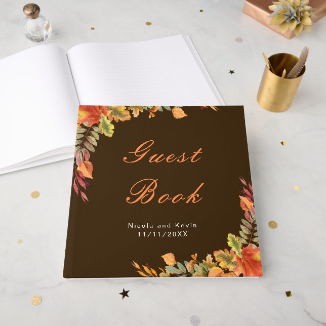 Rustic Autumn Fall Leaves Wedding Guest Book (Front Open)