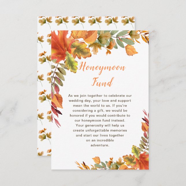 Rustic Autumn Fall Leaves Wedding Honeymoon Fund Enclosure Card (Front/Back)