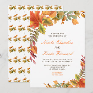 Rustic Autumn Fall Leaves Wedding Invitation