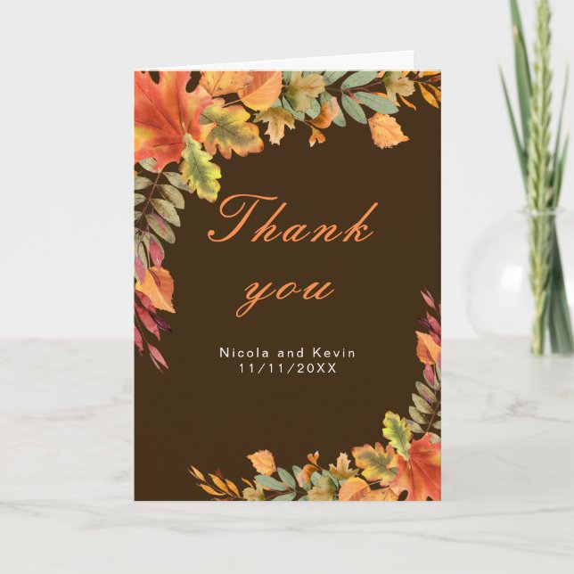 Rustic Autumn Fall Leaves Wedding Letterpress Thank You Card (Front)