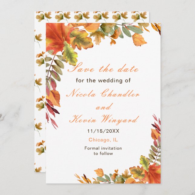Rustic Autumn Fall Leaves Wedding Reception Save The Date (Front/Back)