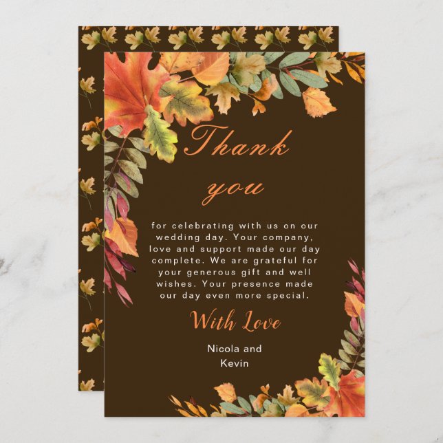 Rustic Autumn Fall Leaves Wedding Thank You Card (Front/Back)