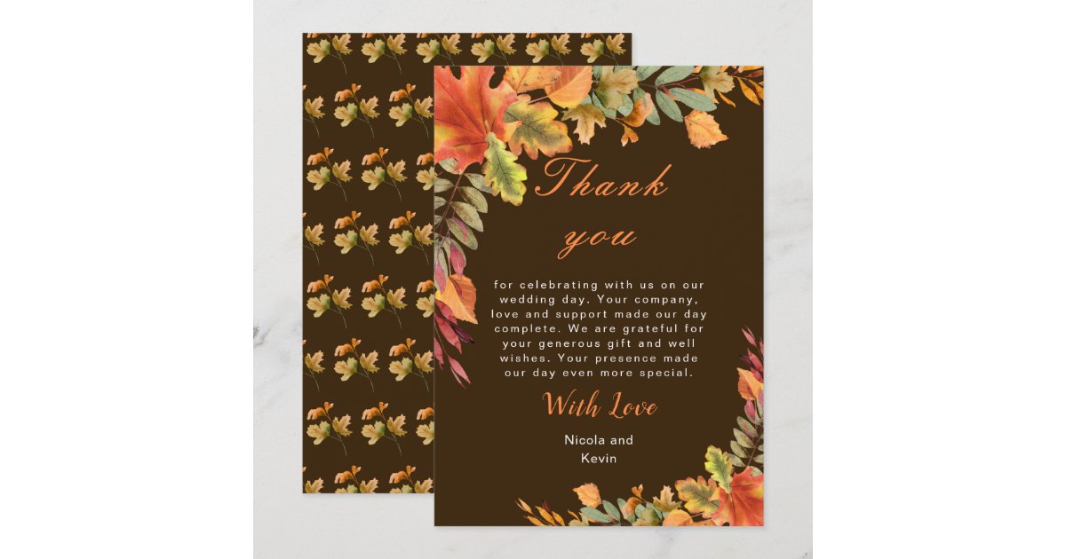 Rustic Autumn Fall Leaves Wedding Thank You Card | Zazzle