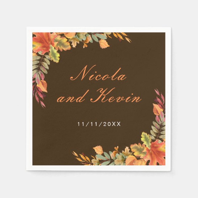 Rustic Autumn Fall Leaves Wedding Thank You Napkins (Front)