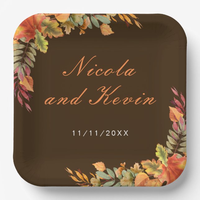 Rustic Autumn Fall Leaves Wedding Thank You Paper Plates (Front)