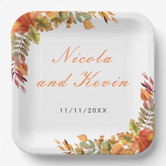 Rustic Autumn Fall Leaves Wedding Thank You Paper Plates (Front)