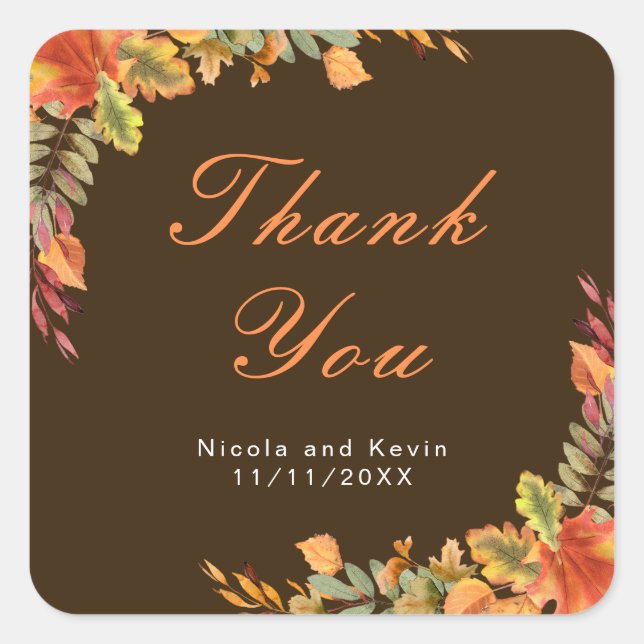 Rustic Autumn Fall Leaves Wedding Thank You Square Sticker (Front)