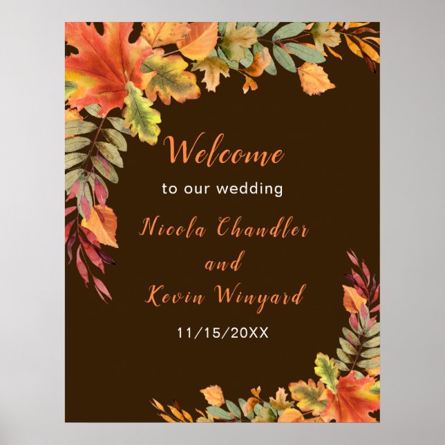 Rustic Autumn Fall Leaves Wedding Welcome Poster (Front)