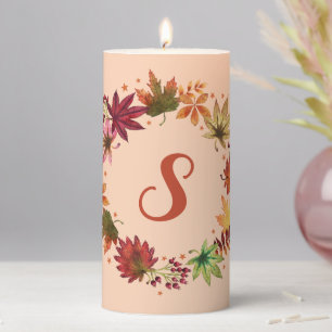 Rustic Autumn Fall Leaves Wreath Monogram Pillar Candle