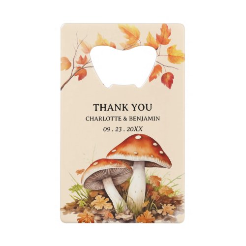 Rustic Autumn Fall Maple Leaves  Mushroom Wedding Credit Card Bottle Opener