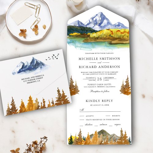 Rustic Autumn Fall Mountain Forest Lake Wedding All In One Invitation