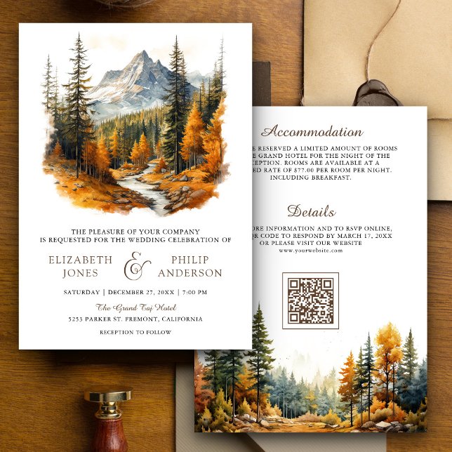 Rustic Autumn Fall Mountain Forest QR Code Wedding Invitation (Creator Uploaded)