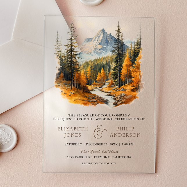 Rustic Autumn Fall Mountain Forest Wedding Acrylic Invitations (Creator Uploaded)