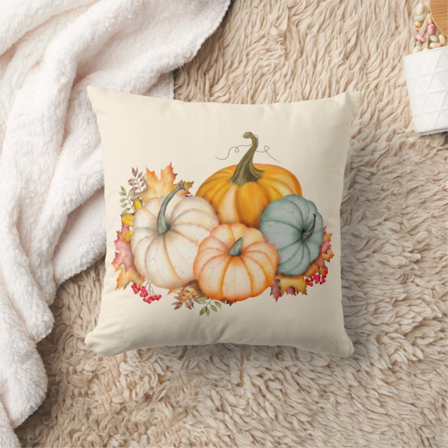 Rustic Autumn Fall Orange Blue Pumpkins Throw Pillow (Blanket)