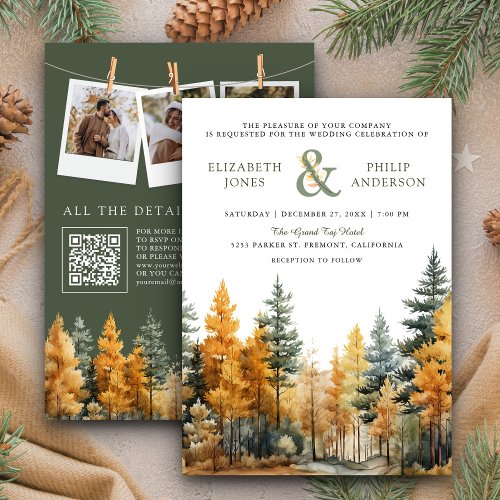 Rustic Autumn Fall Pine Trees QR Code Wedding Invitation