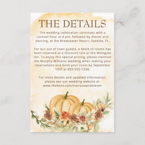 Rustic Autumn Fall Pumpkin Details Wedding Enclosure Card