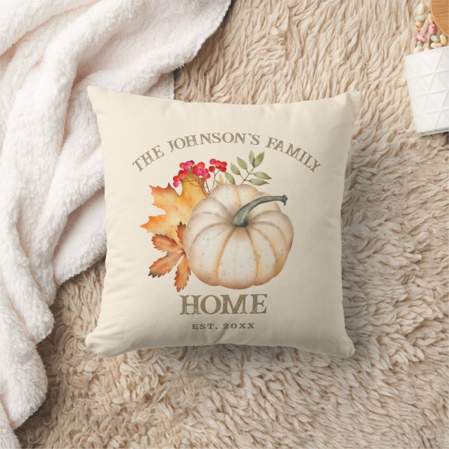 Rustic Autumn Fall Pumpkin & Leaves Family Name Throw Pillow (Blanket)