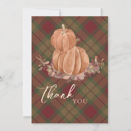 Rustic Autumn Fall Pumpkin Plaid Thank You Card