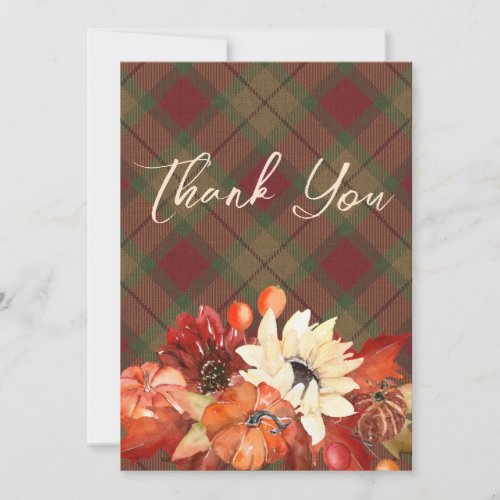 Rustic Autumn Fall Pumpkin Plaid Thank You Card