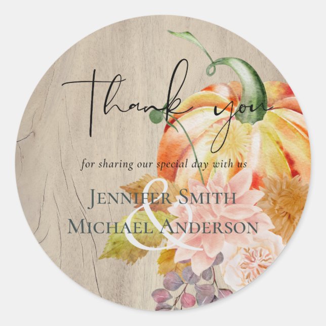 Rustic Autumn Fall Pumpkins Figs Flowers Wedding Classic Round Sticker (Front)